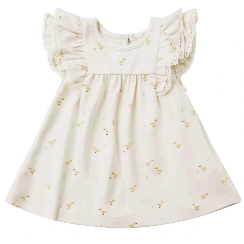 Quincy Mae Flutter dress ducks print lace baby girl beige neutral chicks ruffle
